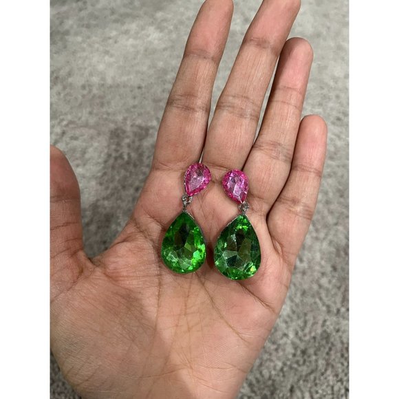 Pink& green earring pink Green crystal green teardrop peridot long green earring - Picture 7 of 10